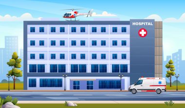 Ambulans arabası ve helikopteri olan devlet hastanesi binası. Şehir arkaplan resmedilmiş tıbbi klinik