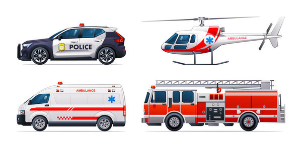 Set of emergency vehicles. Police car, fire truck, ambulance car and helicopter. Official emergency service vehicles side view vector illustration