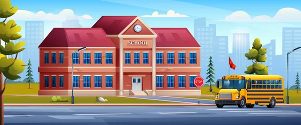 Skolbyggnad Med Gul Skola Buss Stadsbild Bakgrund Vektor Tecknad Illustration — Stock vektor
