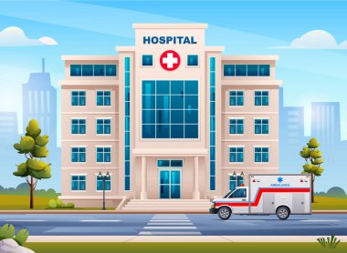 Şehir planında ambulans acil durum arabası olan hastane binası. Vektör illüstrasyonu