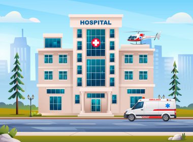 Şehir planında ambulans ve helikopter olan hastane binası. Vektör illüstrasyonu