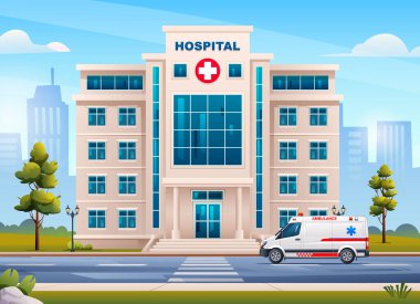 Şehir planında ambulans acil durum arabası olan hastane binası. Vektör çizgi film illüstrasyonu