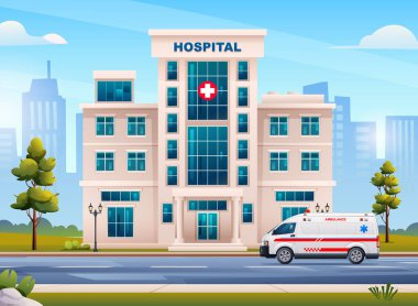 Ambulans arabası ve şehir manzaralı hastane binası. Vektör çizgi film illüstrasyonu
