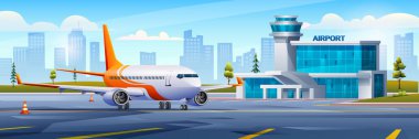 Şehir manzarası arka plan vektör karikatür çizimi üzerinde uçakla uluslararası havaalanı binası