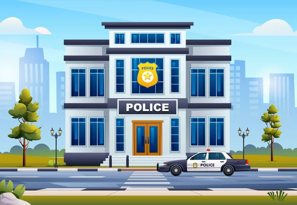 Polisstation Byggnad Med Patrullbil Stadsbilden Bakgrund Vektor Tecknad Illustration — Stock vektor