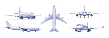 Farklı bakış açılarına sahip bir uçak kümesi vektör illüstrasyonu. Beyaz arkaplanda izole edilmiş uçaklar