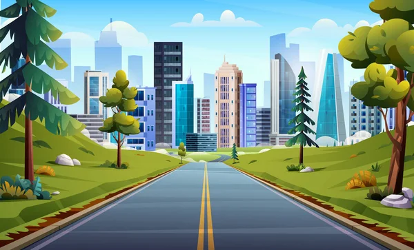 Vägen Till Stadslandskapet Illustration Natur Motorväg Genom Äng Och Träd — Stock vektor