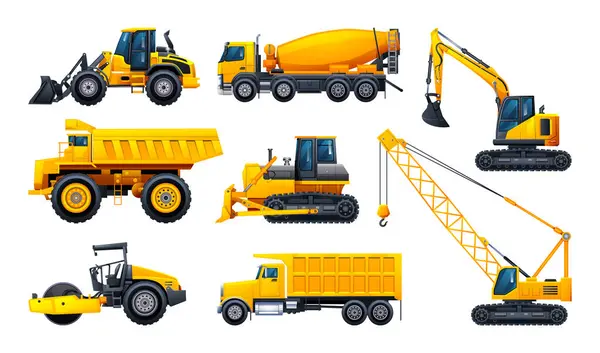 Soubor Těžkých Strojů Stavební Vozidla Izolované Ilustrace — Stockový vektor