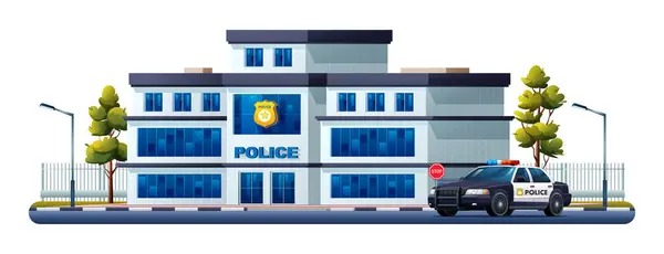 Edificio Della Stazione Polizia Con Auto Pattuglia Ufficio Del Dipartimento — Vettoriale Stock