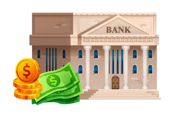 Budynek Banku Banknotami Monetami Koncepcja Oszczędności Pieniędzy Ilustracja Banku Wektora — Wektor stockowy