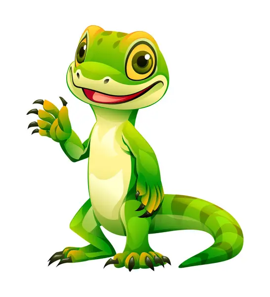 Cute Green Lizard Waving Hand Cartoon Illustration Vector Reptile Isolated — Stock Vector