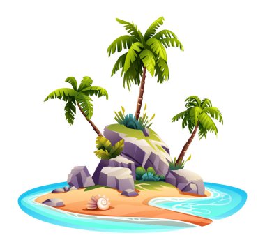 Palmiye ağaçları ve kayalarla ıssız bir ada beyaz arka planda izole edilmiş vektör çizimi.