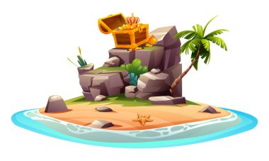 Açık hazine sandığı olan tropikal bir ada ve palmiye ağaçları. Çizgi film vektör çizimi beyaz arkaplanda izole edildi