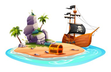 Korsan gemisi, hazine sandığı, kayalar ve palmiye ağaçları olan tropik bir ada. Vektör karikatür çizimi beyaz arkaplanda izole edildi