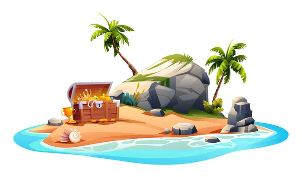 Île Tropicale Avec Coffre Trésor Ouvert Palmiers Rochers Illustration Vectorielle — Image vectorielle