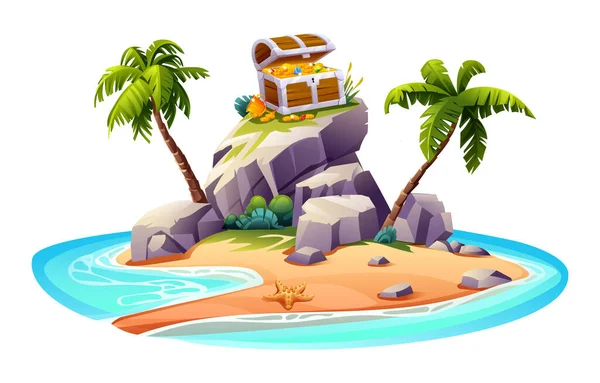 Ανοίξτε Σεντούκι Θησαυρού Βράχους Φοίνικες Ένα Έρημο Νησί Εικονογράφηση Φορέα — Διανυσματικό Αρχείο
