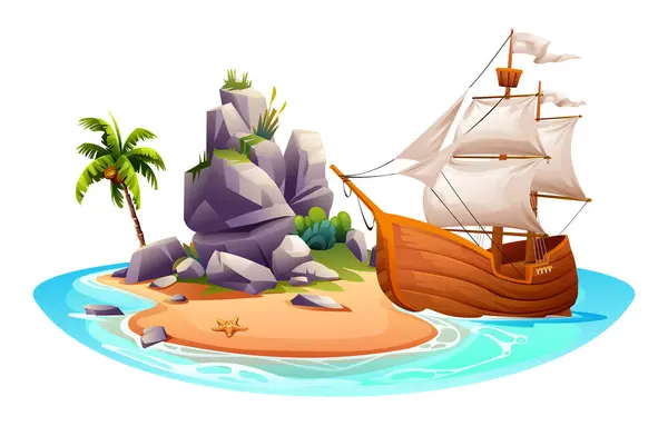Tropisk Med Segelfartyg Trä Palm Och Klippor Vektor Tecknad Illustration — Stock vektor