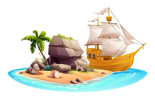 Tropisk Med Palm Klippor Och Segelfartyg Vektor Tecknad Illustration Isolerad — Stock vektor
