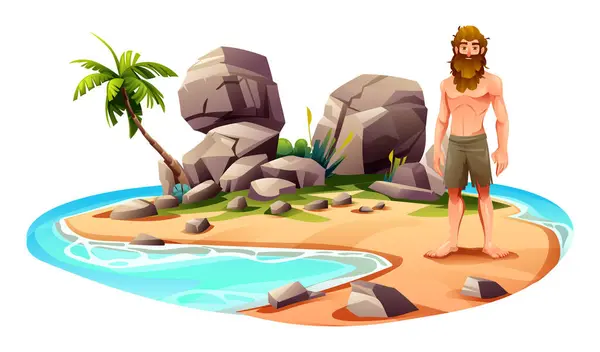 Ναυάγιο Άνθρωπος Έρημο Νησί Φοίνικες Και Βράχους Εικονογράφηση Διανυσματικών Κινουμένων — Διανυσματικό Αρχείο