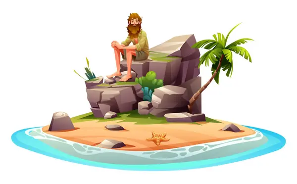 Hombre Náufrago Una Isla Deshabitada Con Palmeras Rocas Dibujos Animados — Archivo Imágenes Vectoriales