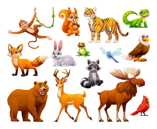 Bosque Forestal Conjunto Animales Dibujos Animados Vectoriales Ilustración — Vector de stock