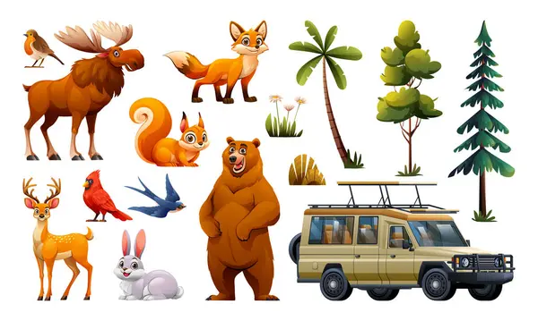 Set Woodland Forest Animals Elements Vector Cartoon Illustration — Stock Vector
