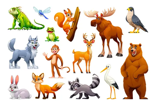 Colección Animales Forestales Animales Del Bosque Conjunto Vector Ilustración Dibujos — Vector de stock
