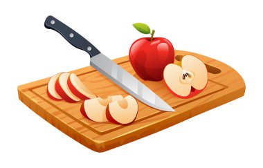Taze, yarısı ve kesme tahtasındaki bıçakla dilimlenmiş elma meyveleri. Vektör illüstrasyonu