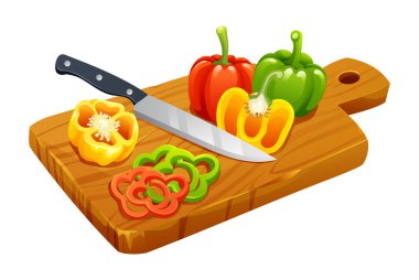 Tahta kesme tahtasının üzerinde bıçakla dilimlenmiş biber. Vektör illüstrasyonu beyaz arkaplanda izole edildi