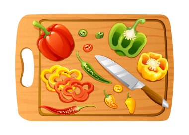 Ağaç kesme tahtasının üzerinde bıçakla dilimlenmiş biber ve biber. Vektör illüstrasyonu beyaz arkaplanda izole edildi