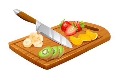 Tahta kesme tahtasında dilimlenmiş meyveler. Salata meyvesi malzemeleri. Vektör illüstrasyonu beyaz arkaplanda izole edildi