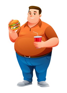 Hamburger ve içki tutan mutlu şişman adam. Beyaz arkaplanda izole edilmiş vektör çizgi film karakteri