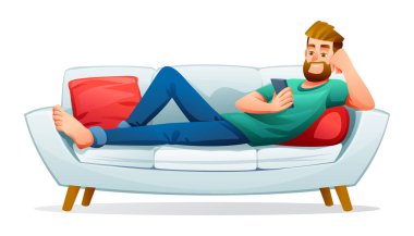 Adam akıllı telefon kullanırken kanepede yatıyor. Vektör illüstrasyonu beyaz arkaplanda izole edildi