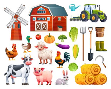 Bir grup çiftlik hayvanı ve elementler. Vektör çizgi film illüstrasyonu