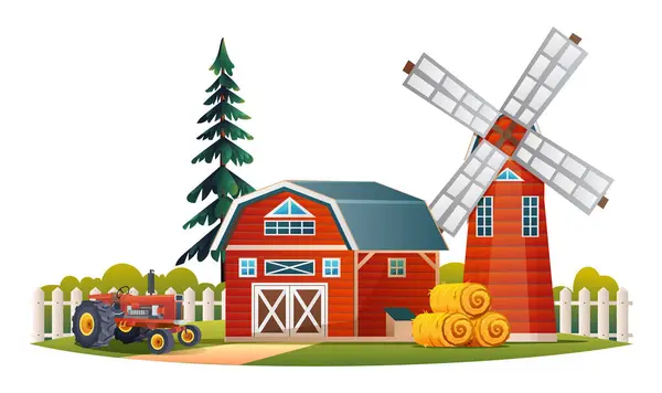 Scheune Bauernhaus Mit Windmühle Und Traktor Hofbaukonzept Vektorillustration — Stockvektor
