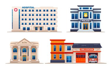 Şehir binaları. Hastane, karakol, banka ve itfaiye. Vektör illüstrasyonu