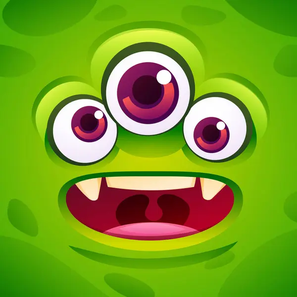 Ευτυχισμένο Πράσινο Τέρας Τρία Μάτια Καρτούν Χαρακτήρα Έκφραση Πρόσωπο Εικονογράφηση — Διανυσματικό Αρχείο