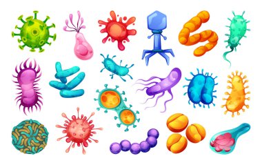 Bir grup bakteri, virüs ve mikrop. Mikroskobik hücre hastalığı, bakteri ve mikroorganizma. Vektör illüstrasyonu