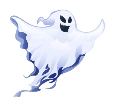 Uçan hayalet karakter çizimi. Cadılar Bayramı 'nın gizemli hayaleti. Vektör karikatür çizimi beyaz arkaplanda izole edildi