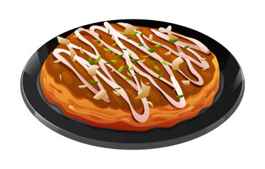 Sos serpilmiş ve siyah bir tabakta süslenmiş okonomiyaki tasviri. Japon gıda vektörü beyaz arkaplanda izole edildi