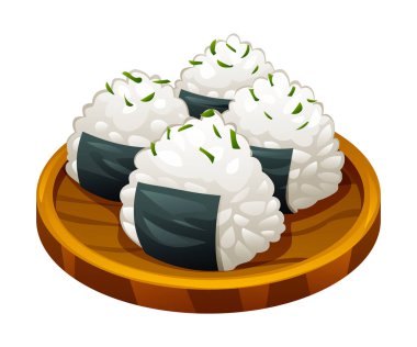 Tahta bir tabakta onigiri pirinç topu tasviri. Japon gıda vektörü beyaz arkaplanda izole edildi