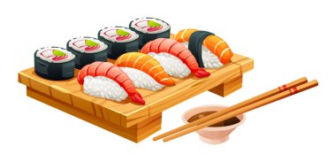 Çeşitli nigiri ve maki dürümlü suşi tabağı. Japon gıda vektörü beyaz arkaplanda izole edildi