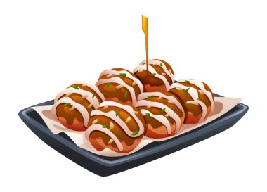 Takoyaki vektör çizimi. Japon yemekleri beyaz arka planda izole edilmiş