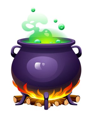 Yanan odunların üzerine yeşil köpüklü cadı kazanı. Vektör karikatür çizimi beyaz arkaplanda izole edildi