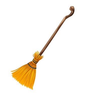 Tahta saplı ve sarı tüylü cadı süpürgesi. Vektör karikatür çizimi beyaz arkaplanda izole edildi.