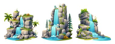 Bir dizi tropik şelale çizimi. Vektör karikatürü beyaz arkaplanda izole edildi