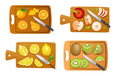 Kesme tahtalarında çeşitli meyveler var. Portakal, elma, limon ve kivi dahil. Vektör illüstrasyonu