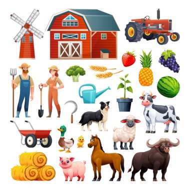 Çiftlik malzemeleri, çiftçiler, traktör, hayvanlar ve ekinler. Vektör çizgi film illüstrasyonu
