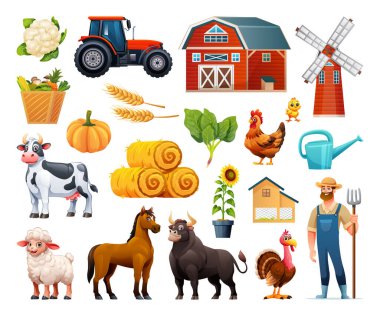Çiftlik elementleri arasında ahır, yel değirmeni, traktör, hayvanlar ve ekinler var. Vektör çizgi film illüstrasyonu