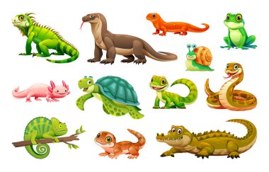 İguana, yılan ve kaplumbağa dahil çeşitli sürüngenler koleksiyonu. Vektör çizgi film illüstrasyonu